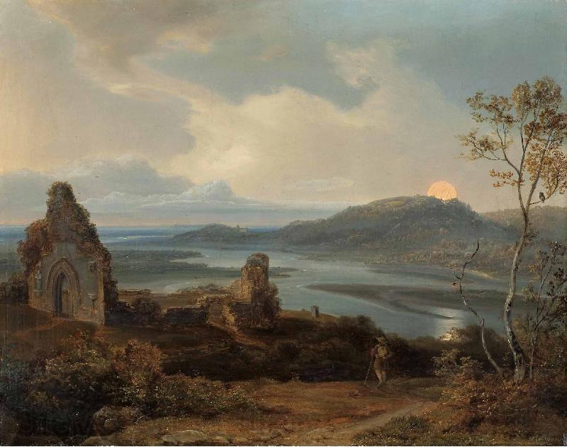 Carl Rottmann Ruin of a chapel near a river with rising moon Norge oil painting art